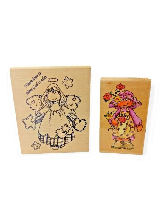 Vintage 2 Piece Patchwork Angel and Country Flowers Girl Rubber Stamp Bundle