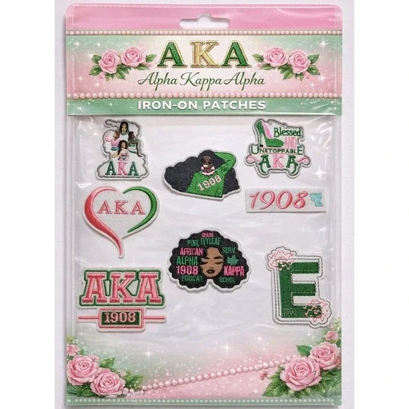 Alpha Kappa Alpha AKA Sorority Iron On Patches 8 Piece Set Pink‎ Green 1908 Ivy