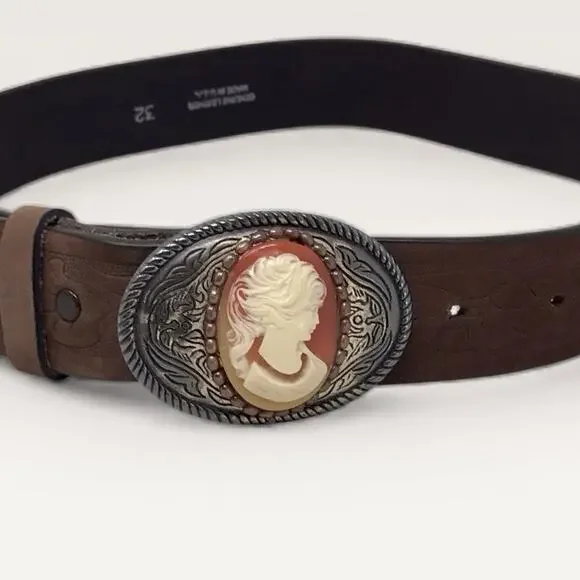 Vintage Cameo Buckle Leather Belt Floral Embossed Brown By Funkie Junk