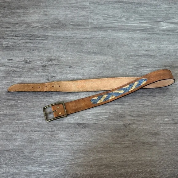 Western Brown Leather Belt with Denim Woven Panel Accents