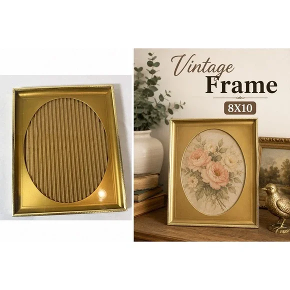 Vintage Gold Tone Oval Picture Frame 8x10 Cottage Hollywood Regency