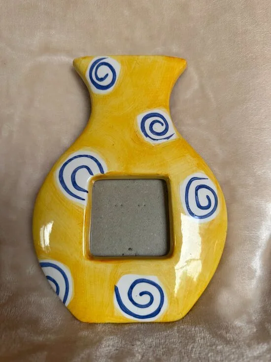 90s Retro Vase Picture Frame Flower Display Gold Blue Swirls Holds 2.5x2.5 Pic