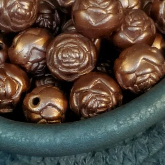 Vintage Retro Bronze Satin Rosebud Flower 14mm Round Acrylic Beads 10 pcs