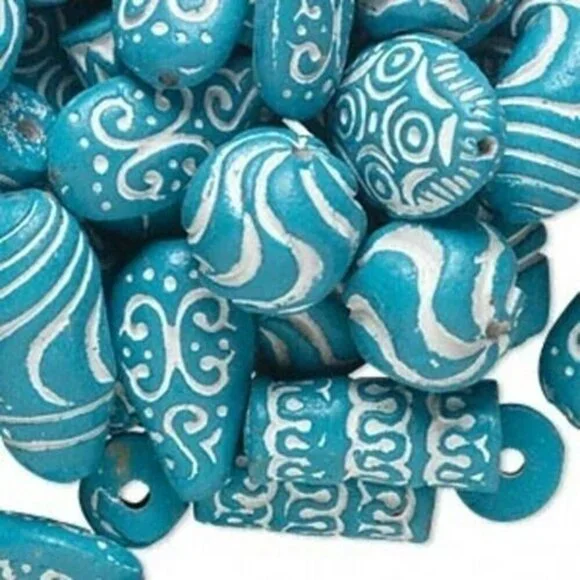 Vintage Ethnic African Tribal Clay Beads Turquoise White 12 pcs