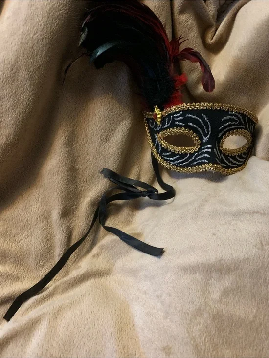 Black and Gold Feathered Masquerade Mask
