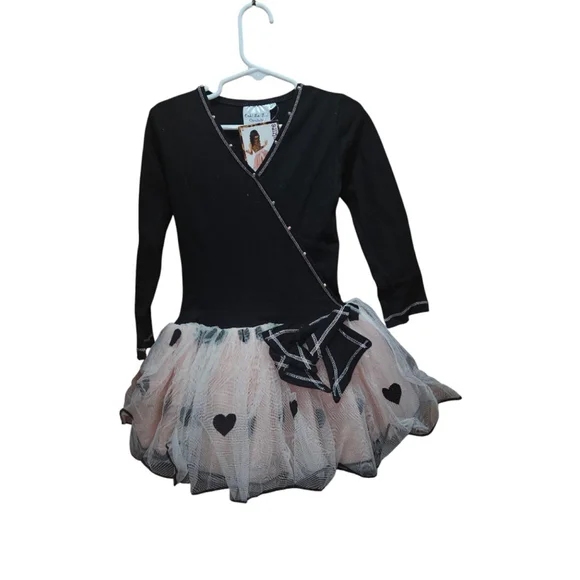OOh La La Couture Black/Blush Hearts Mock Wrap Dress Girl's 4T New