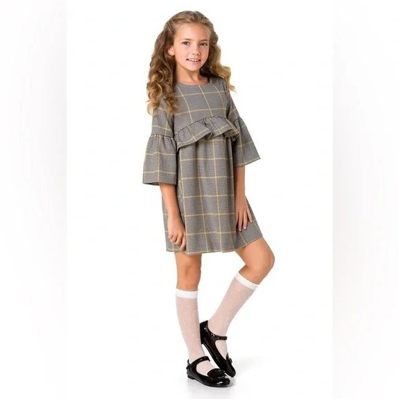 Zara Girls Houndstooth Checked Plaid Bell‎ Sleeve Dress Size 13/14 Mustard/Grey