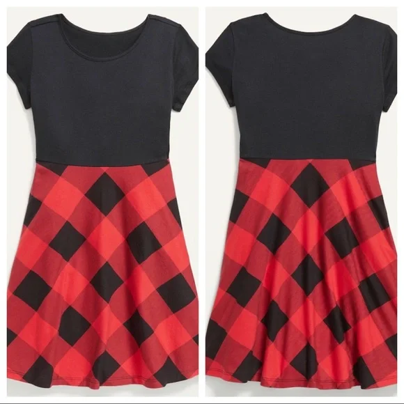 Old Navy Fit & Flare Short-Sleeve Jersey Dress Red Buffalo Plaid Size Small NWT‎