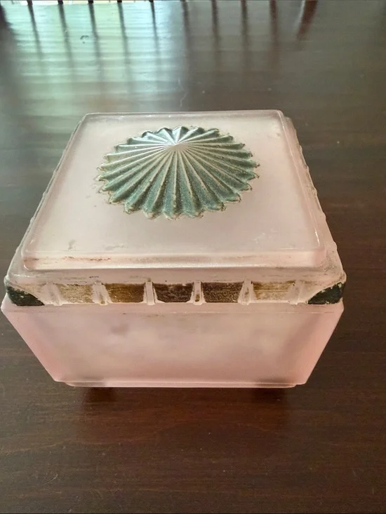 Taussaunt Glass Frosted  Pink Square Vanity Powder Box with Sunburst