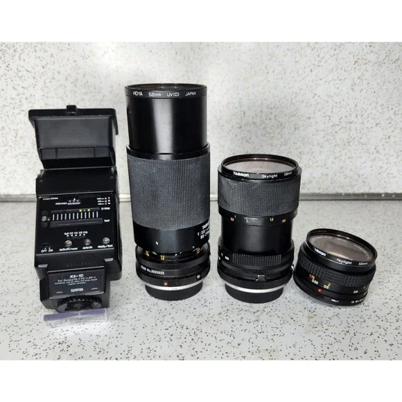 Vintage Lot Mixed 35mm Camera Tamron Hexanon Lenses & Sunpak Flash Konica FS-1