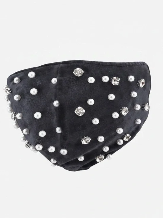 Gray Velvet Rhinestone Pearl Face Mask | Crystal Statement Mask NWT