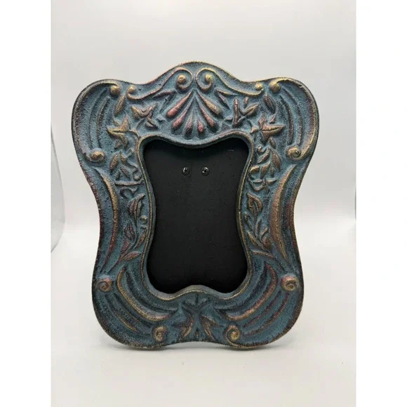 Vintage Ornate Cast Metal Verdigris Picture Frame Gold Patina‎ Scrollwork