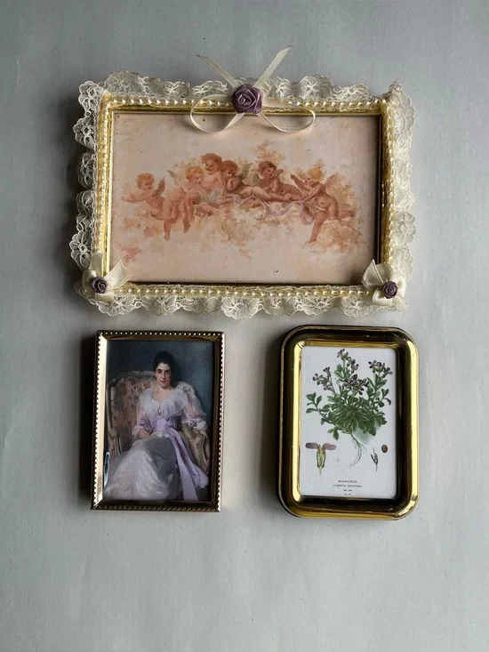Vintage Brass Picture Photo Frames w/ Fine Art Prints-Set of 3