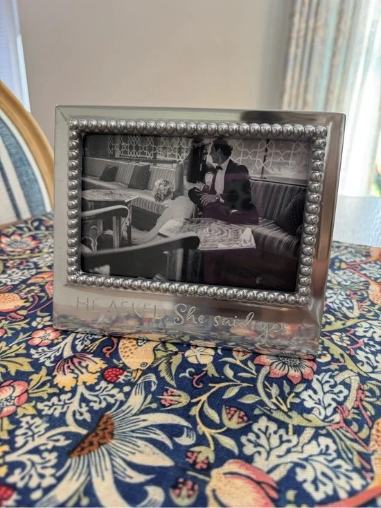 Mariposa Silver Beaded 'He Asked She Said Yes' Photo Frame