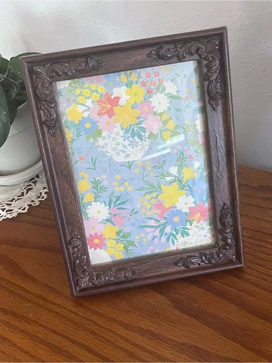 Decorative Carved Wood Photo Frame in Dark Brown