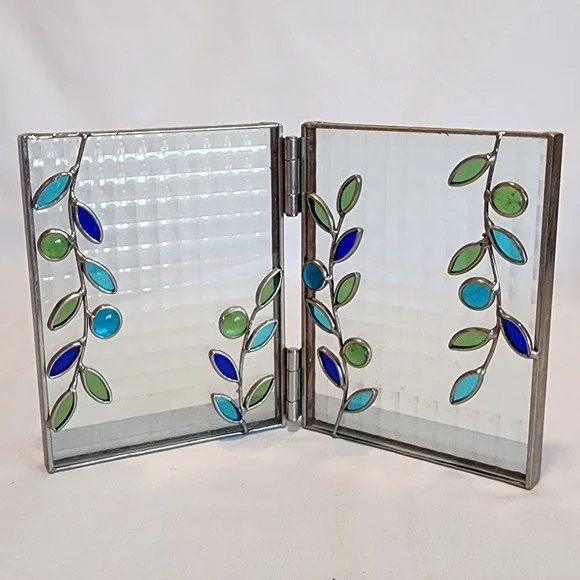 Stained Glass Double Picture Frame Blue Green Botanical Vine Leaf Hinged 5x7