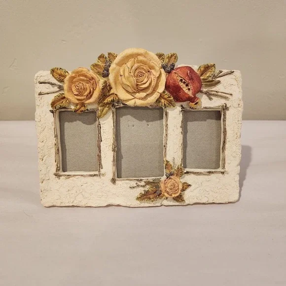 Vintage Figi Photo 3 Picture Frame White Roses Romantic Shabby Chic Desk or Wall