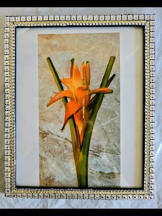 Framed Orange Floral Art Print with Beaded Silver Frame New 8x10 Handmade