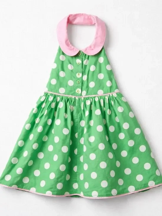 Mini Boden green and white polkadot smocked back halter dress Peter Pan collar