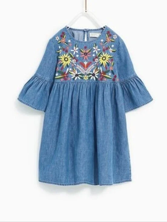 Girls' Blue Denim Embroidered Floral Dress