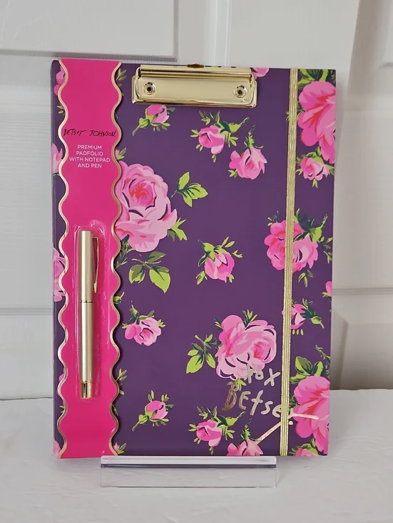 Betsey Johnson Purple Floral Clipboard Notebook with Pink Roses and Gold Accents