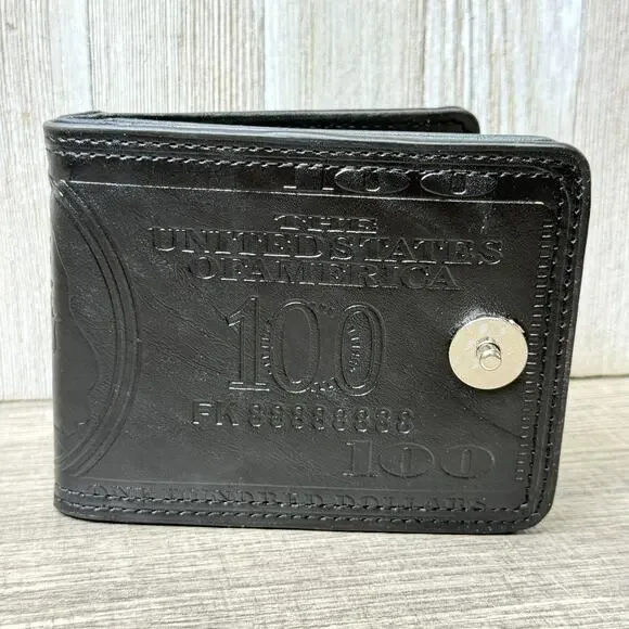 New Black $100 Bill Embossed Faux Leather Bifold Wallet Snap Closure ID Window
