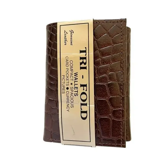 NWT Deadstock Vintage Croc-Embossed Brown Leather Tri-Fold Men's Wallet