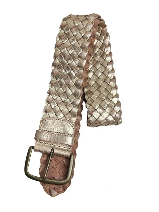 Fossil Metallic Gold Genuine Leather Woven Braided Boho Brass Buckle Belt Sz S
