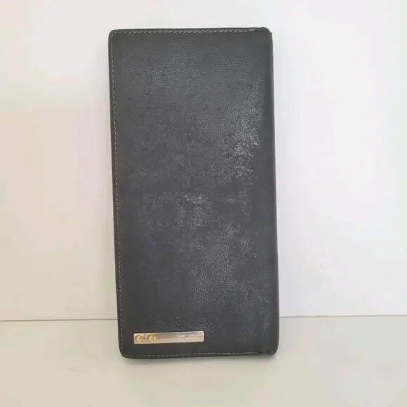 Cartier Santos Bifold Card Holder Checkbook Black Wallet Long Grain Leather‎