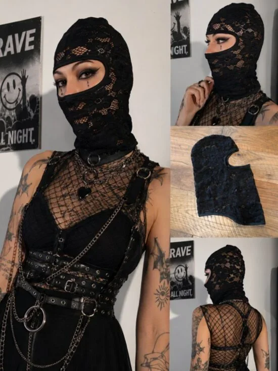 Black Floral Lace Balaclava Goth Rave Festival Ski Mask Coquette Alternative