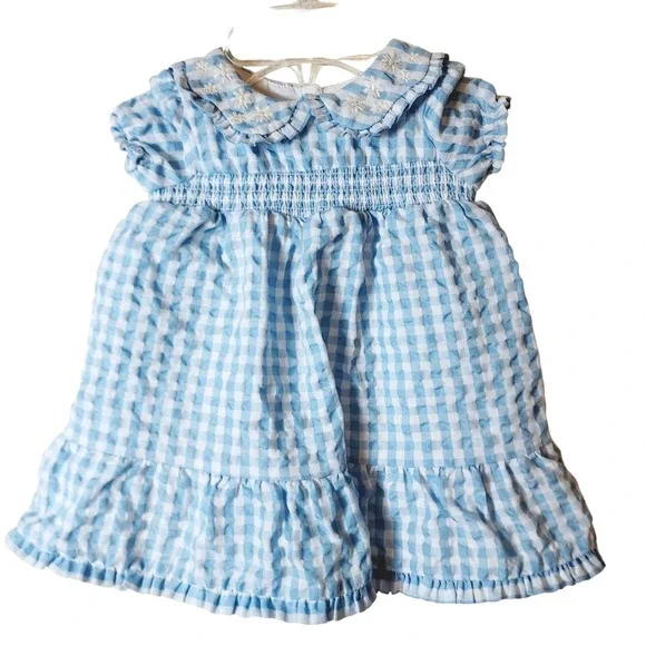 Tahari Gingham Dress Kids 3-6M Blue Smocked Peter Pan Collar Floral Embroidered