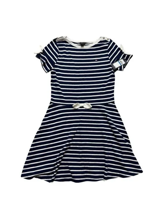 Tommy Hilfiger Girls Striped Dress XL 16 Navy White Bow NWT Short Sleeve