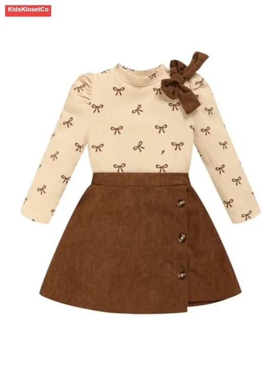 Toddler Girl Plaid Dress Set - Long Sleeve Bow Top & Skirt