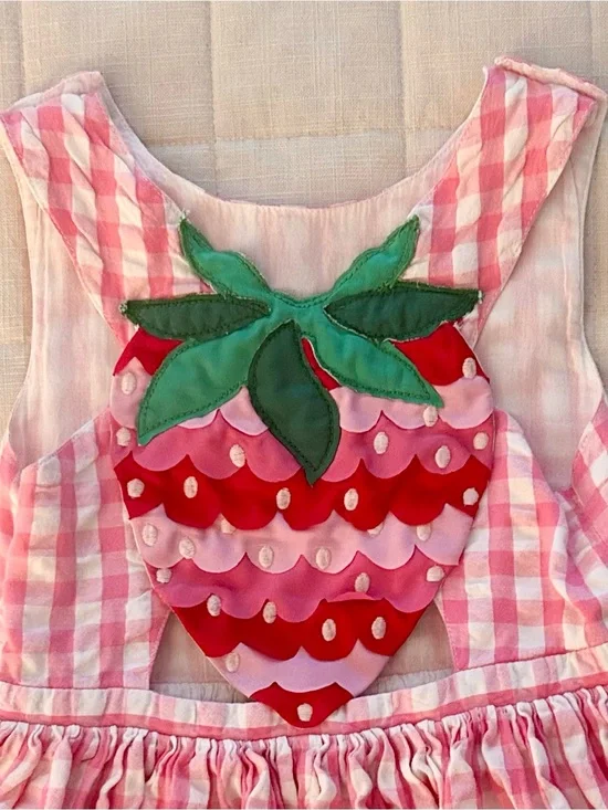 Mini Boden Pink Gingham Strawberry Appliqué Dress
