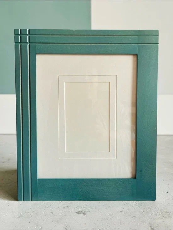 Wooden gallery frame, double matted, teal color, Art Deco inspired