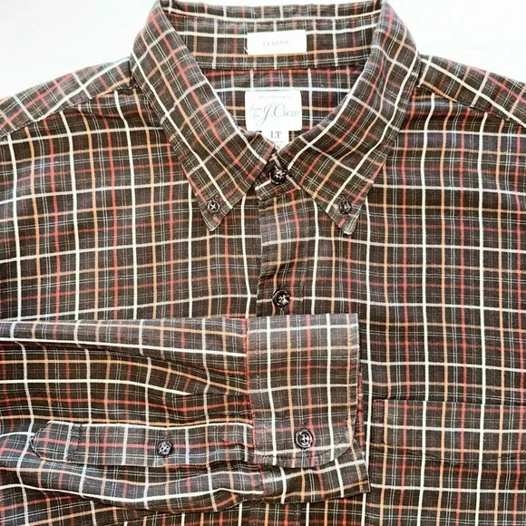 J. Crew Camp Shirt Cotton Brushed Twill Brown Plaid Button Down Shirt Sz L Tall