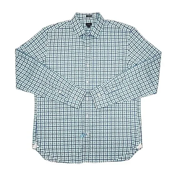 J Crew Shirt 120s 2-Ply Blue White Check Plaid Men Sz XL Button Long Slv Cotton
