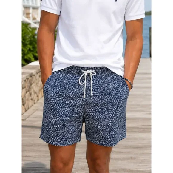 J.Crew Flex Mens Small Navy Geometric Print Drawstring Casual Shorts Stretch