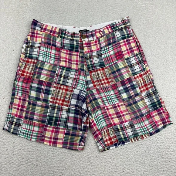 J CREW Shorts Mens 35 Madras Plaid‎ Patchwork Multicolor 100% Cotton Chino 9