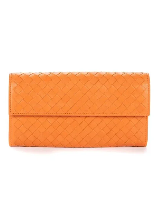 Bottega Venetal Flap Walletorange Intrecciato Calfskin Leathera Wallet