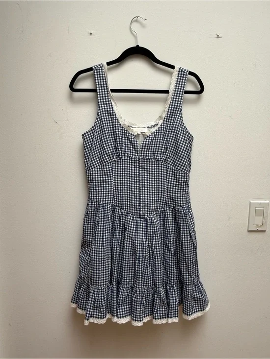 Love Shack Fancy Gingham Lace-Trim Dress - Navy and White