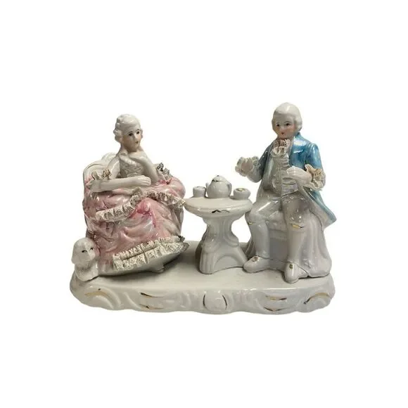Porcelain Colonial Man‎ & Woman Tea Time Spaghetti Lace & Poodle Figurine