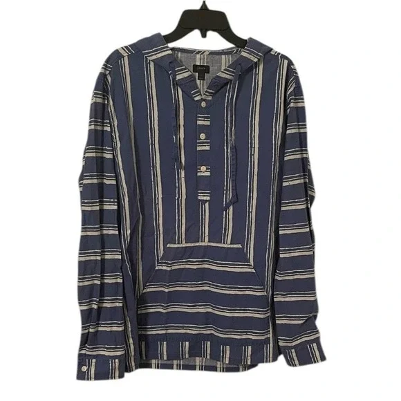 J. Crew Men's Blue White Cotton Striped Shirt Hoodie Sweatshirt Size‎ L