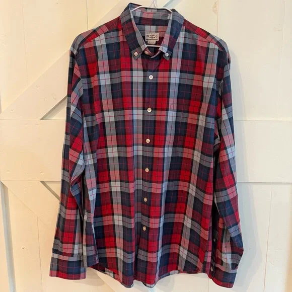 J. Crew Men’s Woven‎ Red and Blue Plaid Button Down Shirt Large Classic Casual