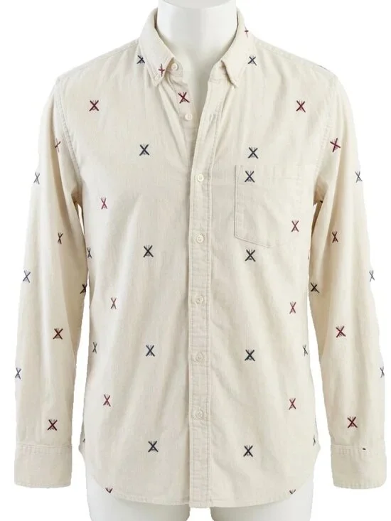 J. Crew Corduroy Shirt Mens M Medium Skiing Lodge Print Cotton Button Down H3560