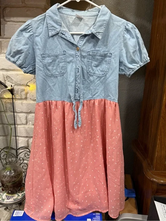 wonder nation Light Blue Denim-Style Top with Pink Polka Dot Skirt Dress