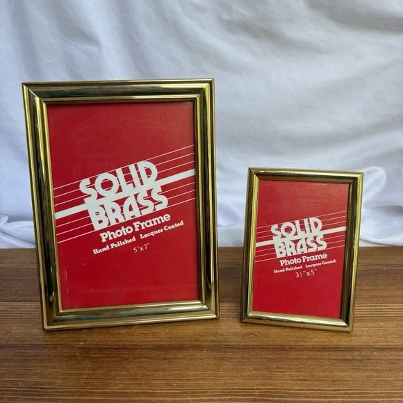 Lot of 2 Solid Brass Photo Frames 5x7 & 3.5x5 Hand Polished Lacquer Coated