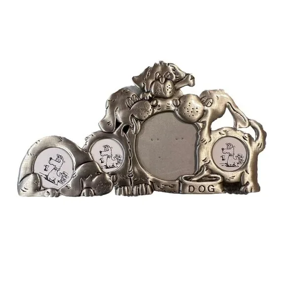 Whimsical Dog Pewter Picture Frame 7x4 Holds 4 Round Photos Dog Lover Gift
