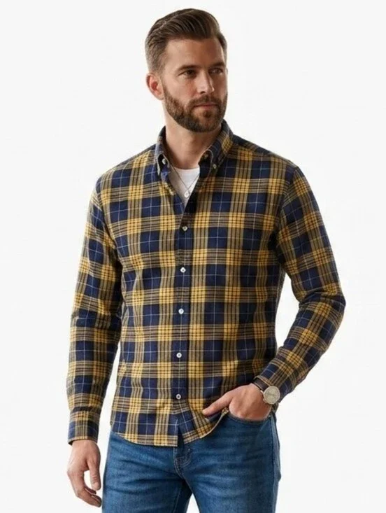 J. Crew Tartan Plaid 100% Cotton  Button Down Shirt Navy Yellow Med