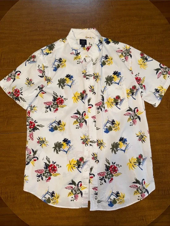 J. Crew White Short-Sleeve Hawaiian Floral Button-Down Shirt
